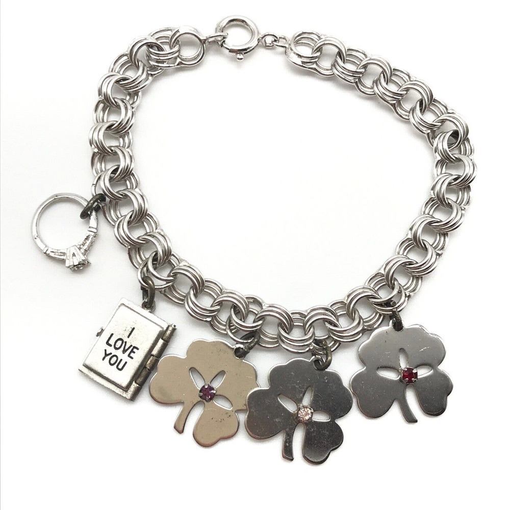 Vintage 925 Sterling Silver Lucky Clover Love Charm Bracelet (W/ 5 Charms) 7.5"